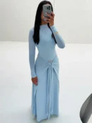 Elegant Long Sleeve Ruched  Maxi Dress   Autumn Fashion Draped Bodycon   Clothing