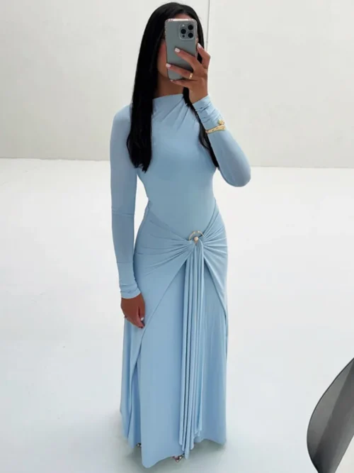 Elegant Long Sleeve Ruched  Maxi Dress   Autumn Fashion Draped Bodycon   Clothing