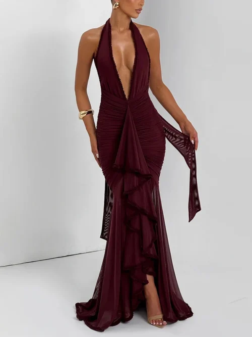 Elegant Halter    Maxi Dress  Fashion Sleeveless Backless Ruched Evening