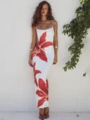 Floreal Print  For   Summer  Spaghetti Strap Sleeveless Backless Bodycon  Midi Dress Elegant