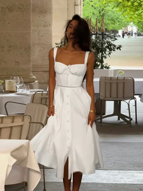 White A-line Elegant Sundress Midi Dress