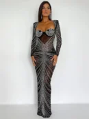 Glitter Mesh   Maxi Dress For  Fashion Full Sleeve Bodycon   Long Evening Dress Vestido