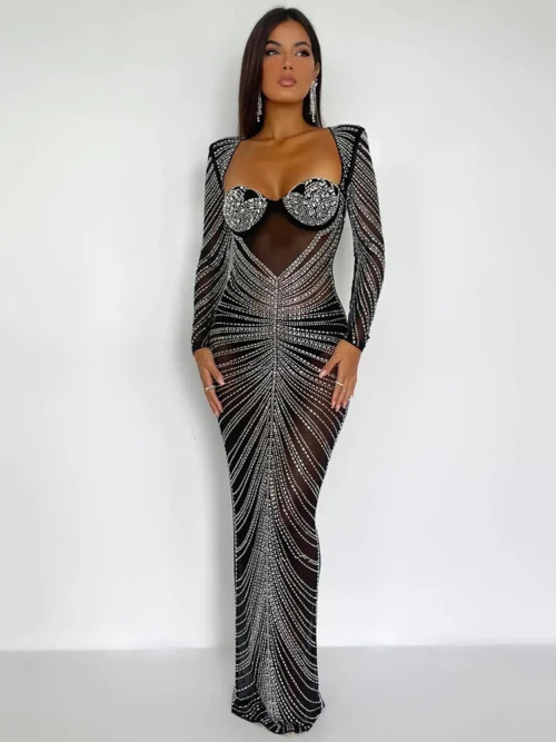 Glitter Mesh   Maxi Dress For  Fashion Full Sleeve Bodycon   Long Evening Dress Vestido