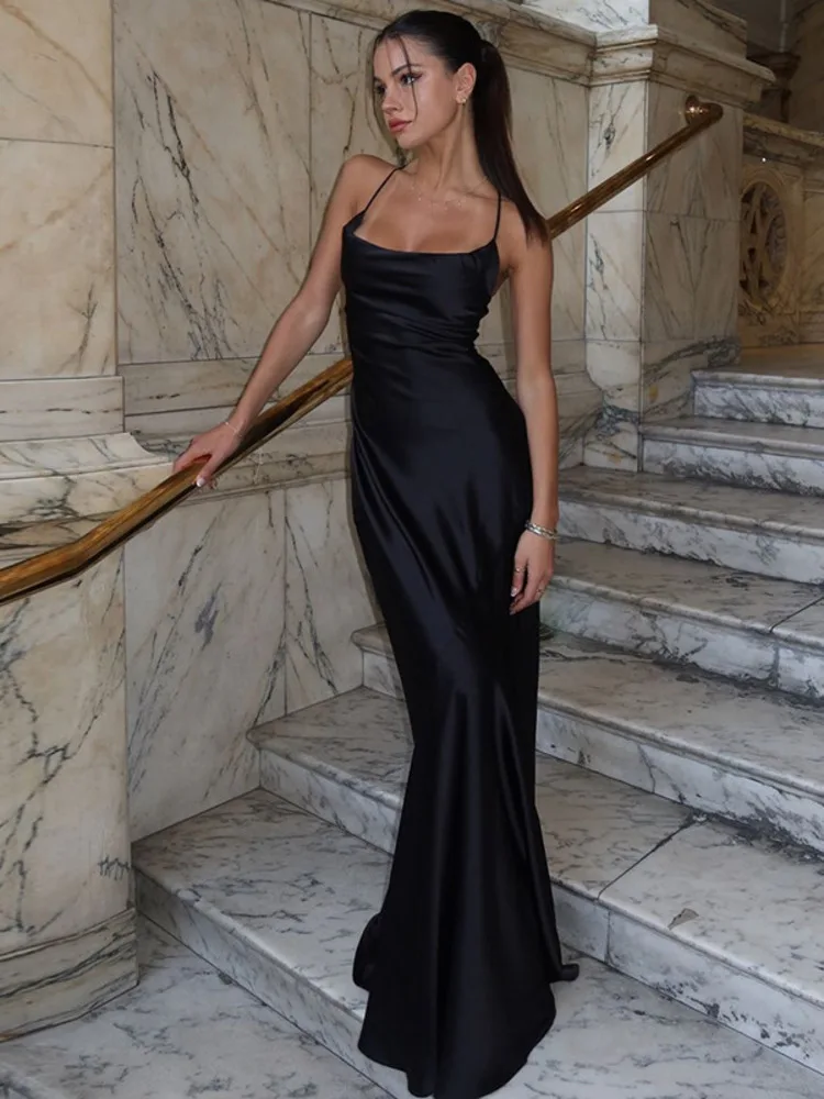 Spaghetti Strap Backless  Maxi Dress   Black Satin Slipdress Sleeveless    Long Dress