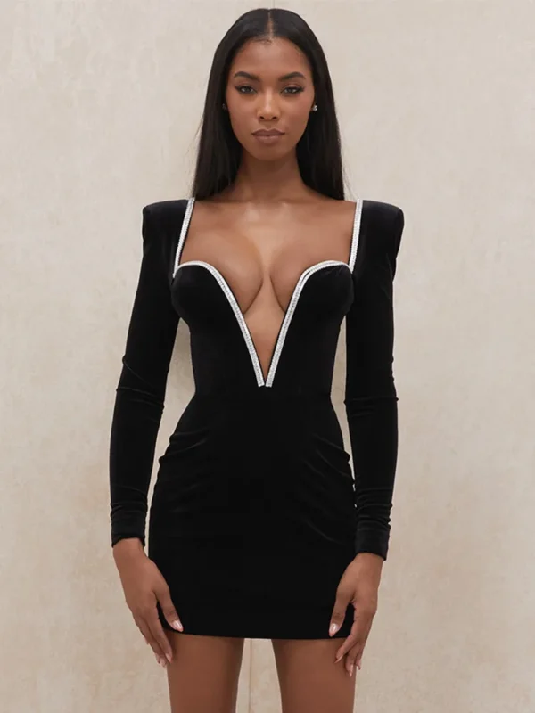 Long Sleeve    Wired Diamante Crystal Padded Should Bodycon s  Winter Velvet  Dress