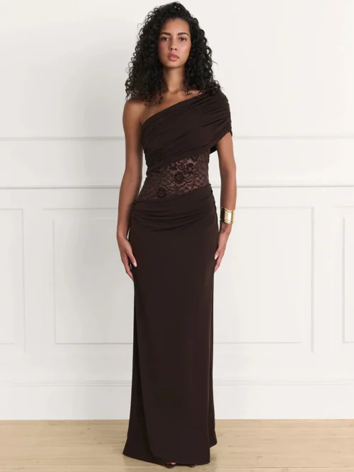 One Shoulder Backless  Maxi Dress  Elegant Lace Patchwork Skew Collar Sleeveless Bodycon   Long Dress