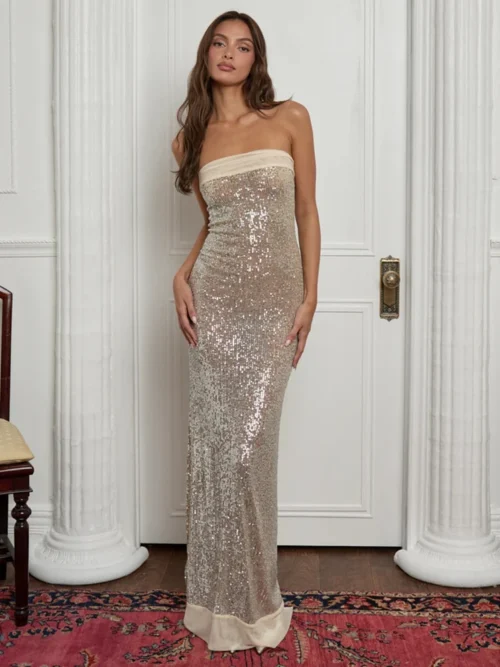 Sequin Strapless High Split  Maxi Dress  Elegant Off-shoulder Sleeveless Backless Sparkle Floor Length Dress