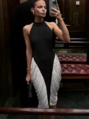 Patchwork Halter Backless  Midi Dress   Elegant Fashion Contrast Color Sleeveless Pleated Long Dress