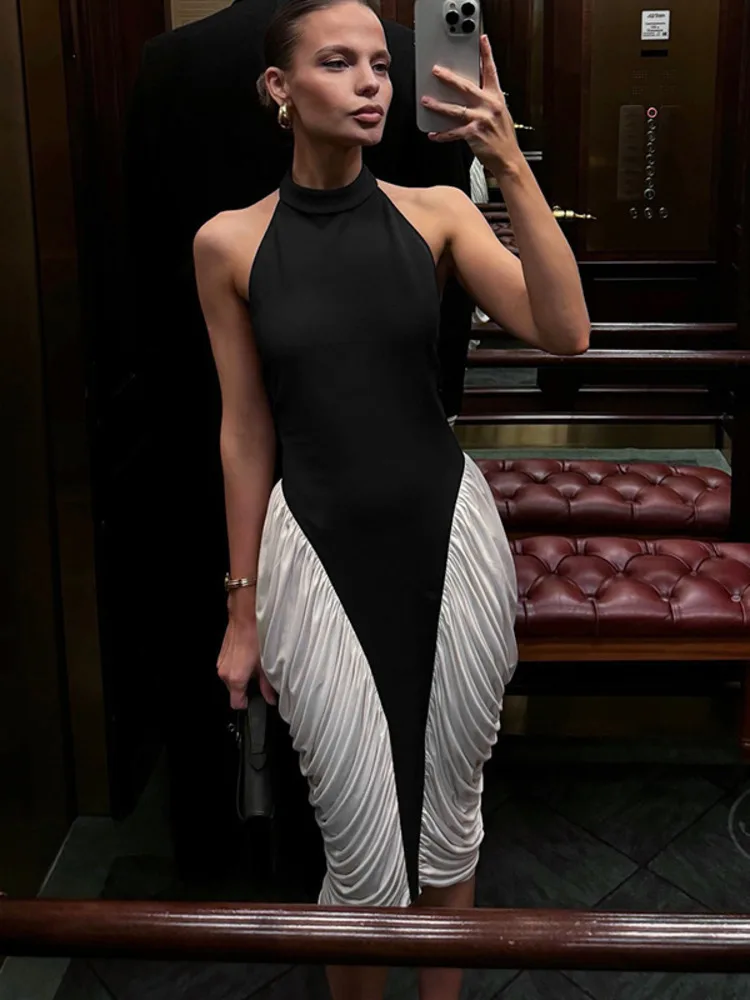 Patchwork Halter Backless  Midi Dress   Elegant Fashion Contrast Color Sleeveless Pleated Long Dress