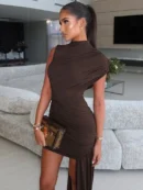 Irregular Draped Ruched  Mini Dress For  Elegant Turtle Sleeveless  Pleated   Dress