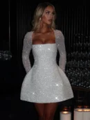 Sequin Long Sleeve Glitter Mini Dress - WHITE, L