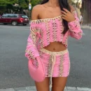 Crochet Two Piece Set Long Sleeve Crop Top Mini Skirt