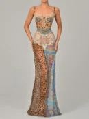 Leopard Print Lace Split  Maxi Dress   Elegant Patchwork Chiffon Sleeveless Backless Beach Evening Dress