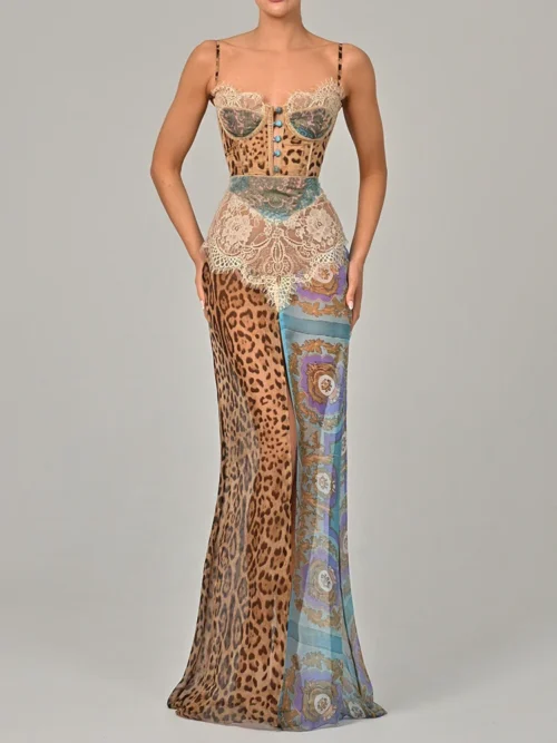 Leopard Print Lace Split  Maxi Dress   Elegant Patchwork Chiffon Sleeveless Backless Beach Evening Dress