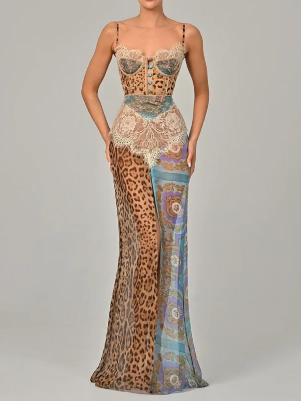 Leopard Print Lace Split  Maxi Dress   Elegant Patchwork Chiffon Sleeveless Backless Beach Evening Dress