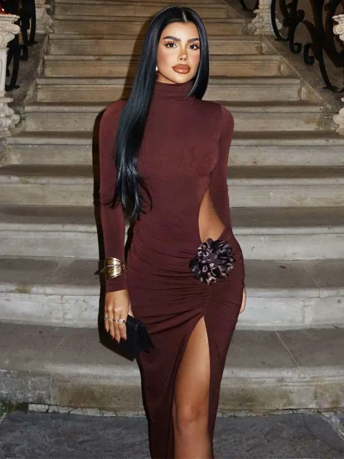 Turtle Long Sleeve  Maxi Dress For  Fashion  Cut Out Thigh High Split Bodycon Elegant  Dress