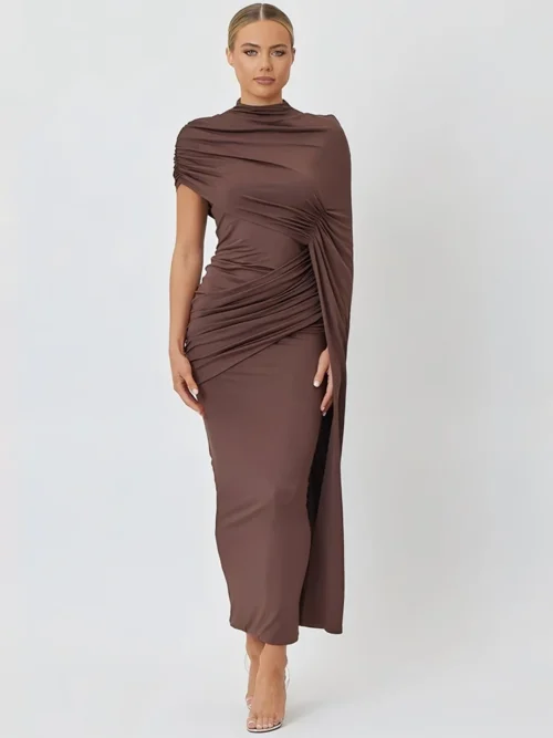 Brown Ruched Elegant Short Sleeve Maxi Dress