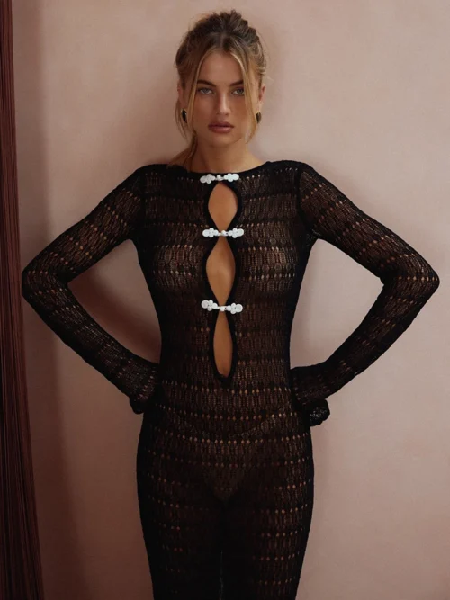 Cut Out Knit  Maxi Dress  Fashion  Smock Dress Elegant Long Sleeve Backless Fishtail Dress