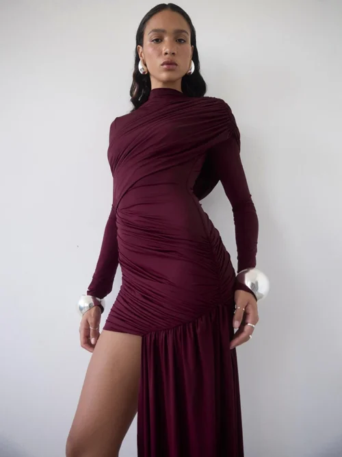Irregular Draped Ruched  Mini Dress   Elegant Turtle Long Sleeve  Pleated   Dress
