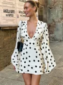 Polka Dot Flare Long Sleeve  Mini Dress      Ruched   Dress
