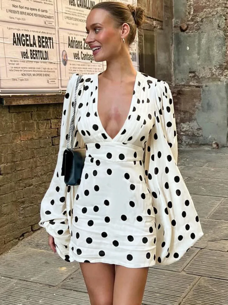 Polka Dot Flare Long Sleeve  Mini Dress      Ruched   Dress
