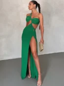 One Shoulder Strap Backless Maxi Dress For   Strapless Sleeveless Backless Thigh High Split  Evening Dress