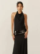 Black Sequin Backless Long Maxi Dress - black, S