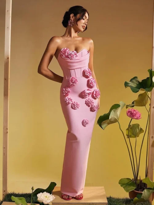 Strapless Flower Bodycon Long Bandage Maxi Dress