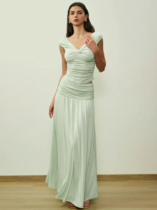 V-Neck Top & Maxi Skirt Matching Set