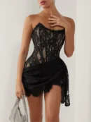 Elegant Lace Strapless  Mini Dress For  Fashion Off-shoulder Irregular Ruched Bodycon Night   Dress