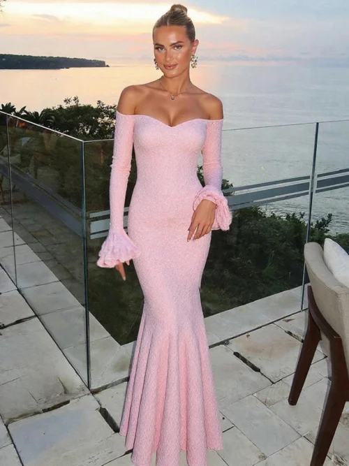 Elegant Off Shoulder Flared Sleeve Maxi Dress