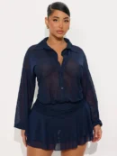 Mesh  Long Sleeve  Mini Dress  Elegant Turn-down Collar Single-breasted Ruffled   Dress