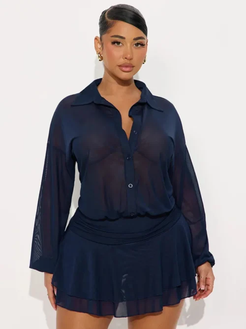 Mesh  Long Sleeve  Mini Dress  Elegant Turn-down Collar Single-breasted Ruffled   Dress