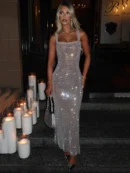 Sequins Backless  Maxi Dress For   Fashion Sparkle Square Collar Sleeveless Bodycon  Long Dress - Silver, M