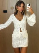 Knit Skirt Two Piece Sets  Fashion Cut Out V  Long Sleeve Cardigans And Mini Skirt Matching Sets