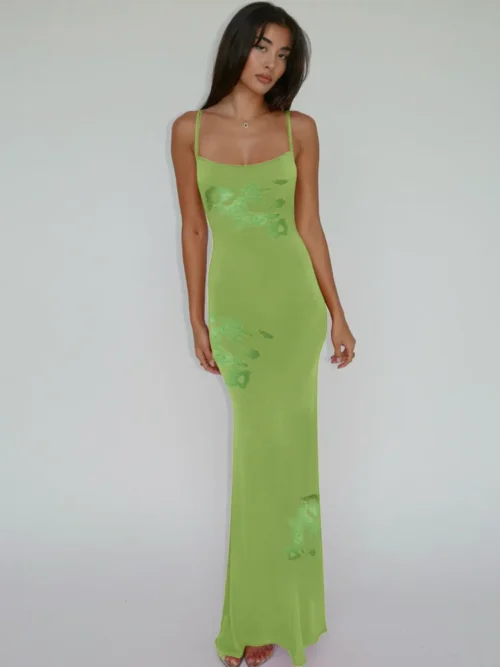 Green Printed Spaghetti Maxi Dress
