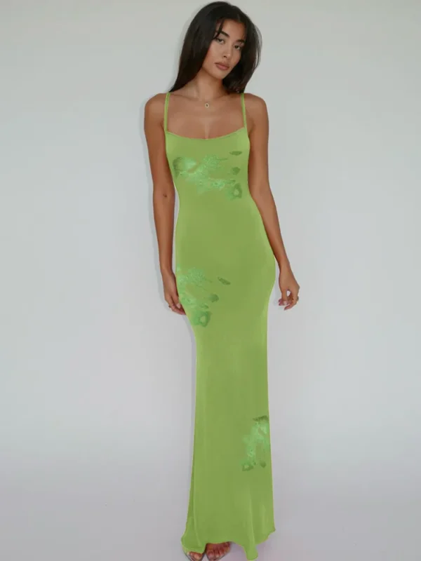 Green Printed Spaghetti Maxi Dress