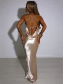 Elegant Satin Backless Maxi Dress For   Summer Spaghetti Strap Sleeveless Night    Vestido