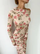 Diagonal Collar Long Sleeve  Midi Dress   Elegant Backless Ruched Bodycon   