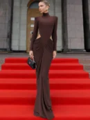 Turtle Long Sleeve  Maxi Dress  Elegant  Cut Out Ruched   Long Dress