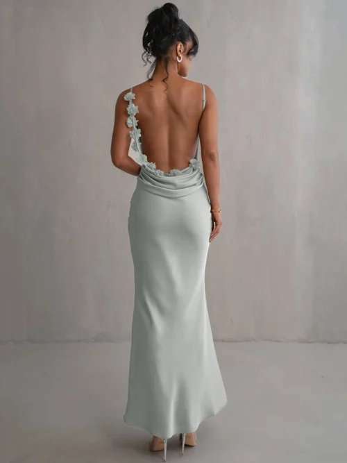 Floral Draped Backless Maxi  For  Fashion Spaghetti Strap Sleeveless Bodycon Evening  Dress Elegant