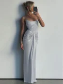Sliver Spaghetti Strap  Maxi Dress For  Fashion Sparkle Sleeveless Backless Ruched Beach   Long Dress