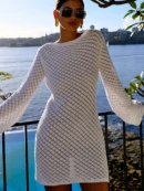 Backless Long Sleeve Knit Mini Dress For  Fashion Elegant Spring Summer  Beach Holiday Dress Beachwear