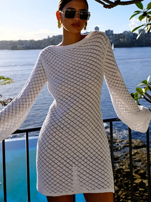 Backless Long Sleeve Knit Mini Dress For  Fashion Elegant Spring Summer  Beach Holiday Dress Beachwear