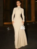 Turtle Long Sleeve  Maxi Dress   Elegant Backless Button Ruched Bodycon   Long Dress