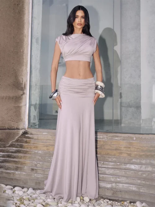 Pleated Two Piece Crop Top & Maxi Skirt