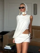 White 3-Piece Set One Shoulder  Irregular Top & Ruched Skirt