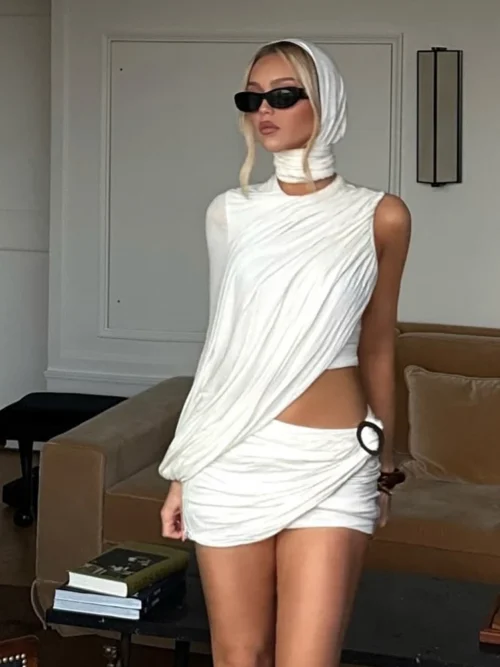 White 3-Piece Set One Shoulder  Irregular Top & Ruched Skirt