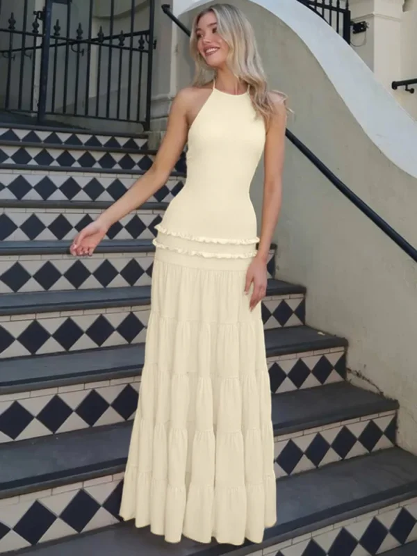 Halter Backless Pleated  Maxi Dress   Elegant Fashion  Sleeveless  Lace-up A-line Dress