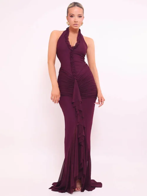 Halter V Neck Ruffle Maxi Dress